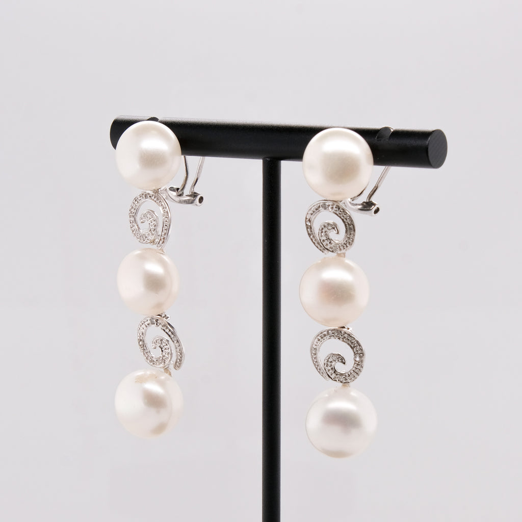 14k Pearl & Diamond Dangling Earrings