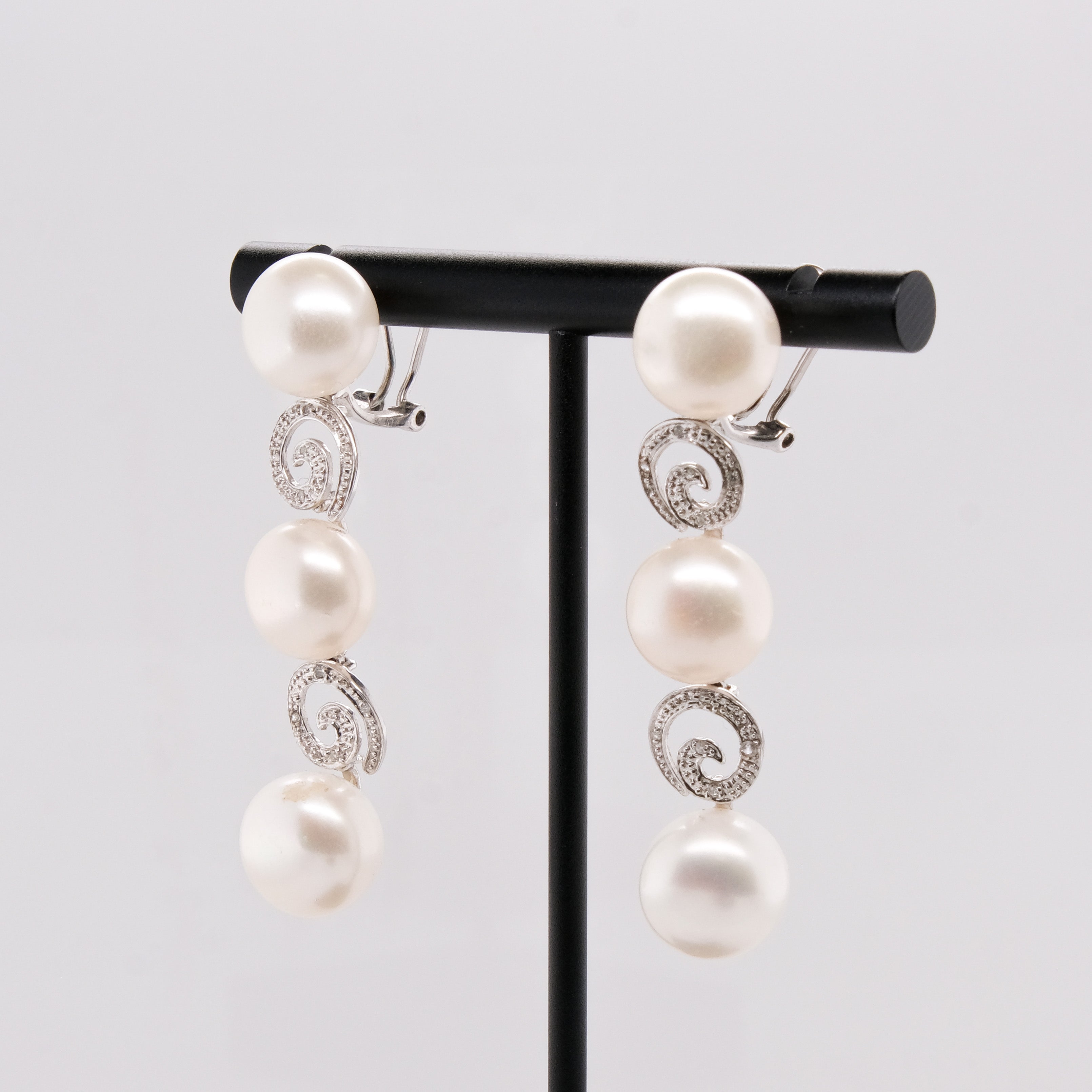 14k Pearl & Diamond Dangling Earrings