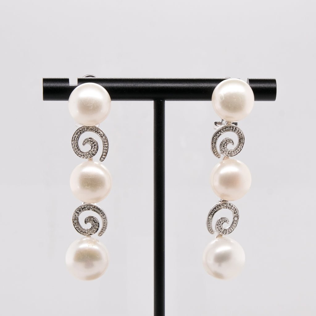 14k Pearl & Diamond Dangling Earrings