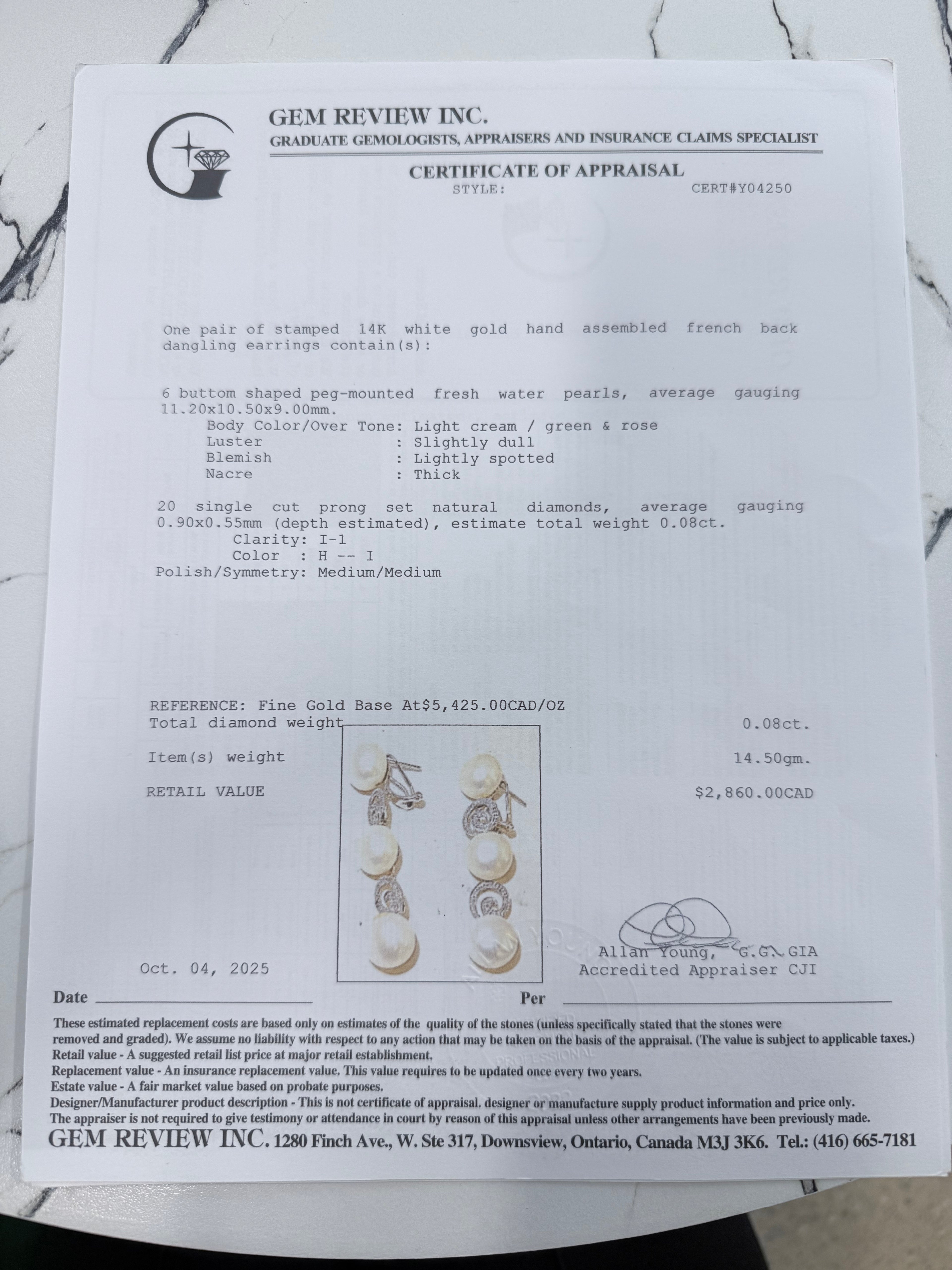 14k Pearl & Diamond Dangling Earrings