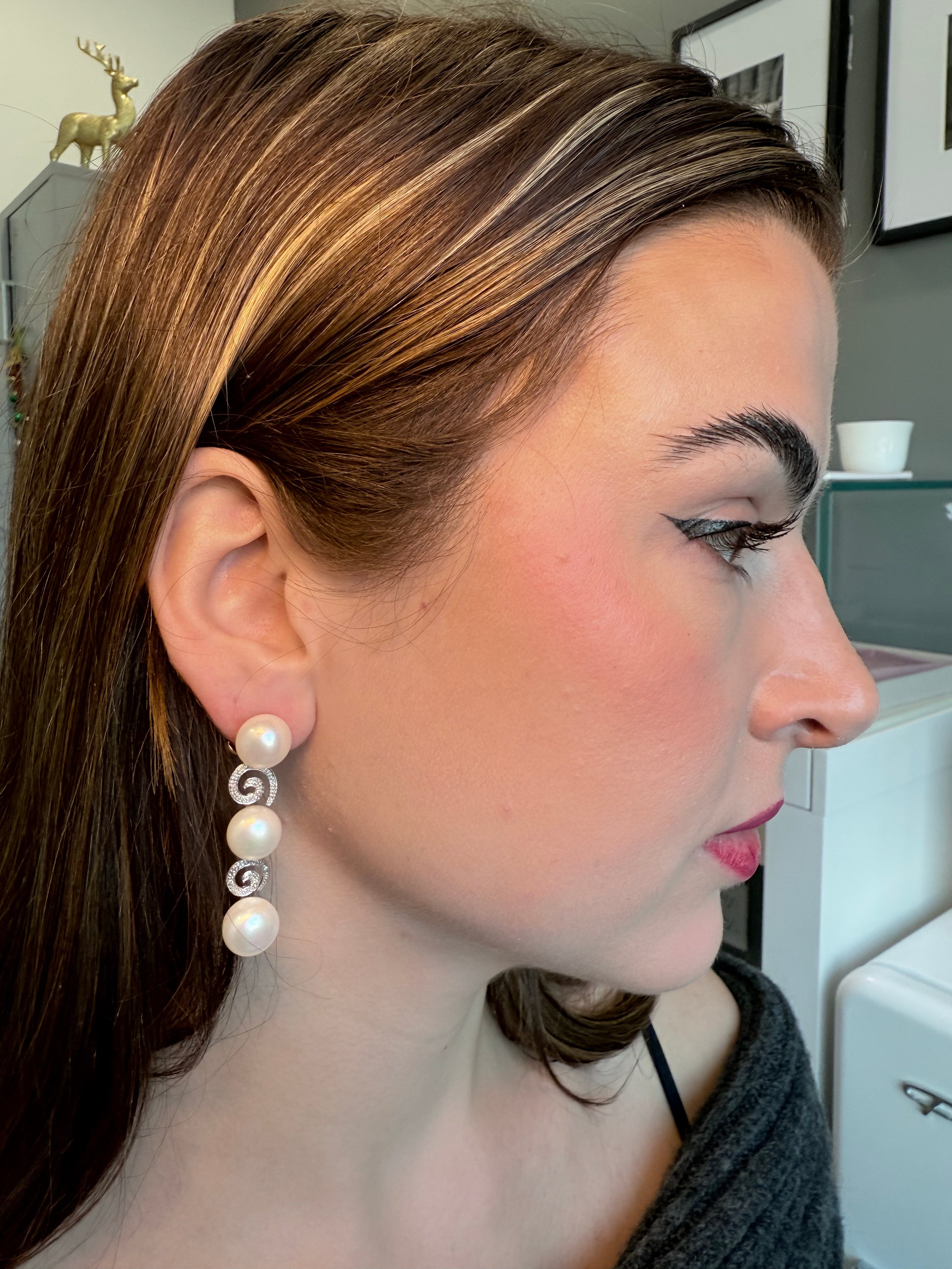 14k Pearl & Diamond Dangling Earrings