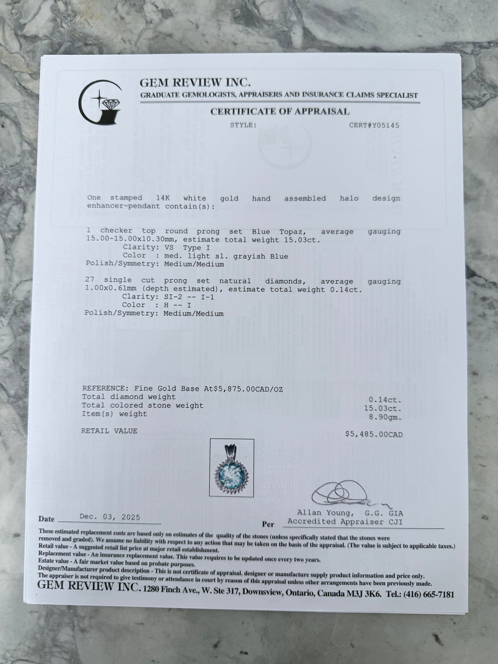 14k Blue Topaz Pendant