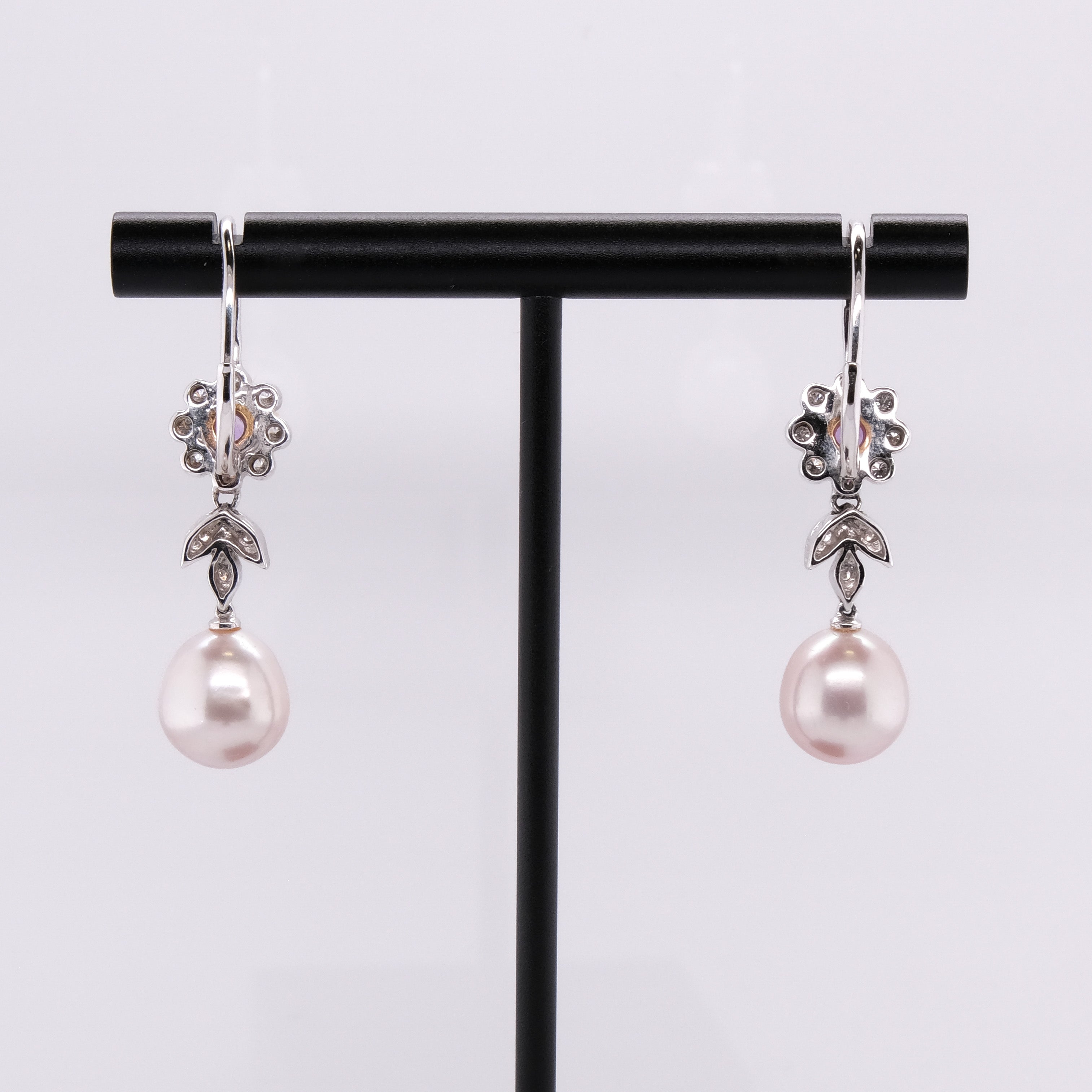 18k Diamond, Pearl & Amethyst Dangling Earrings