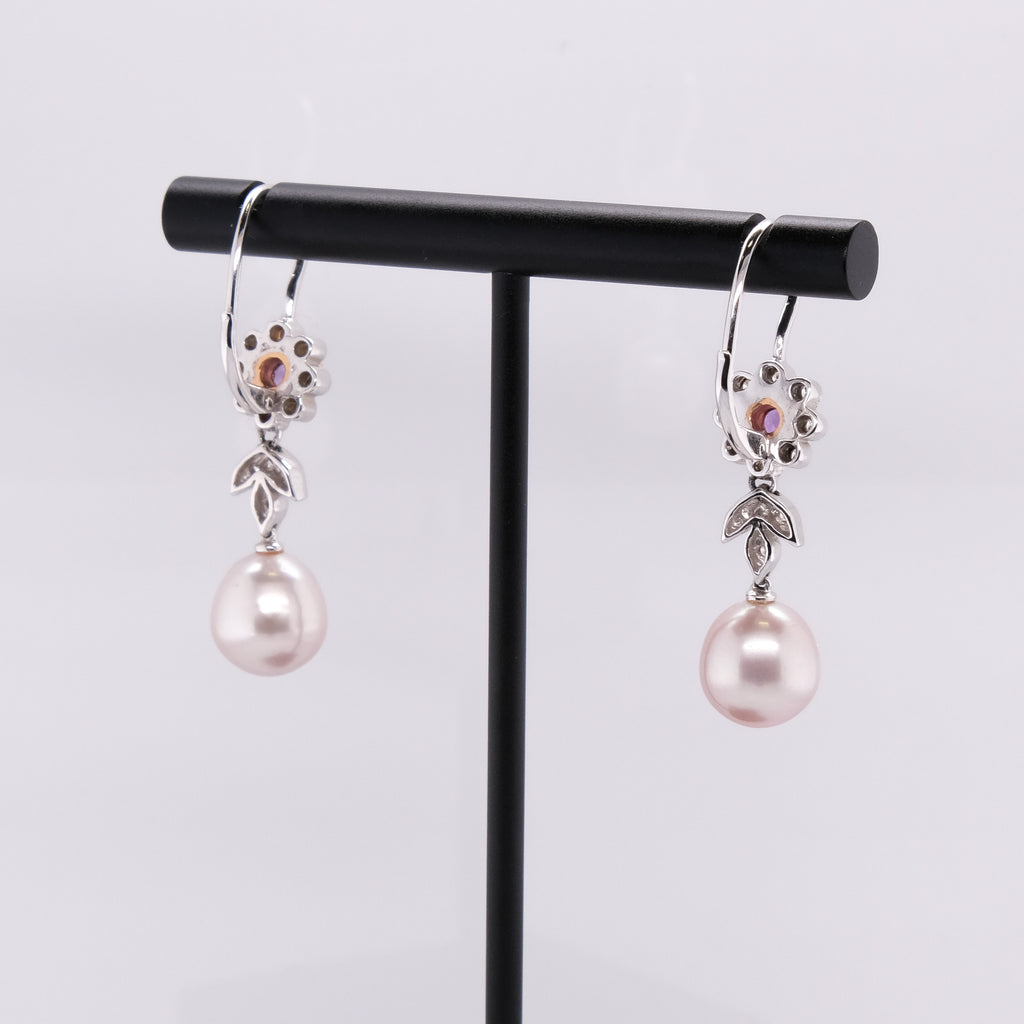 18k Diamond, Pearl & Amethyst Dangling Earrings