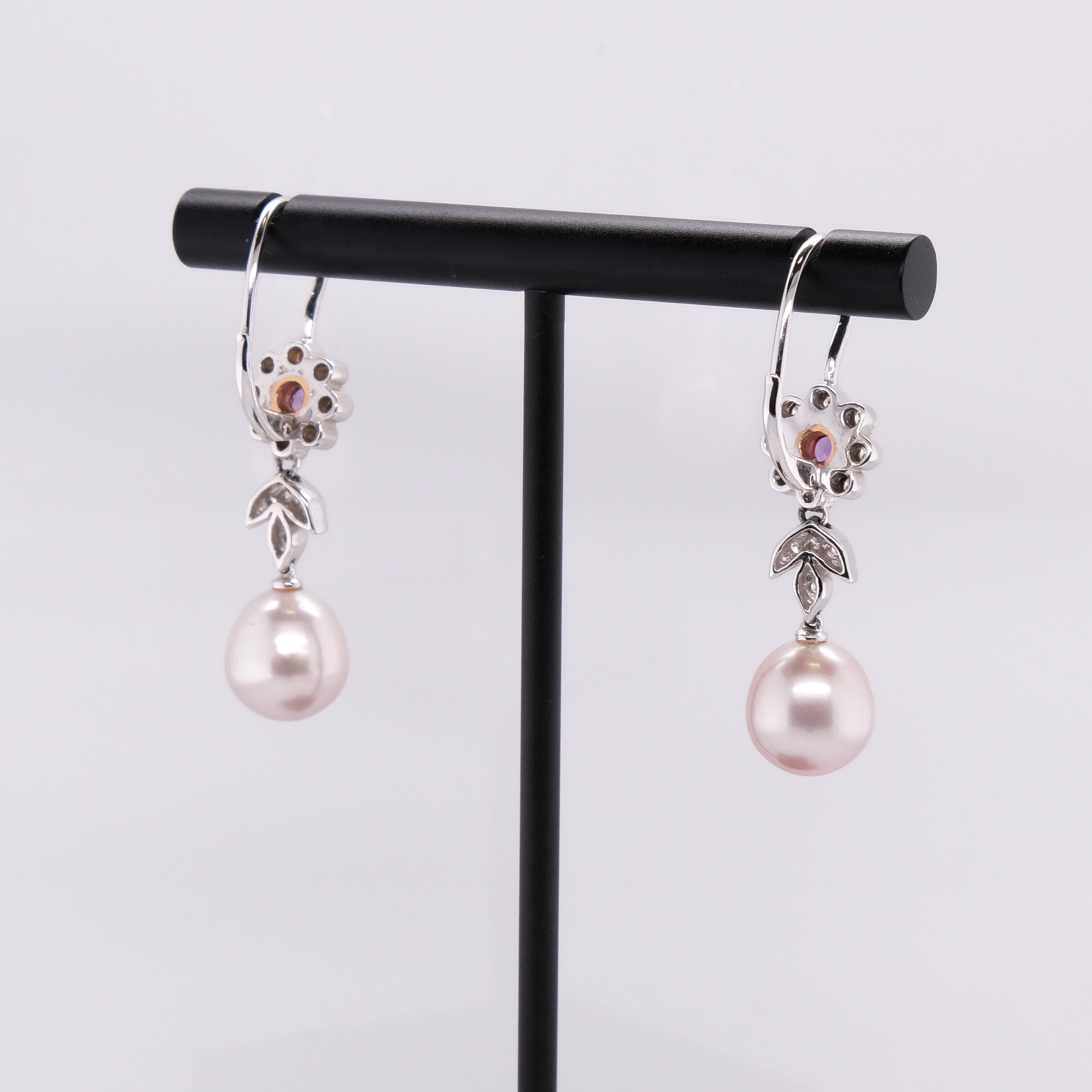 18k Diamond, Pearl & Amethyst Dangling Earrings