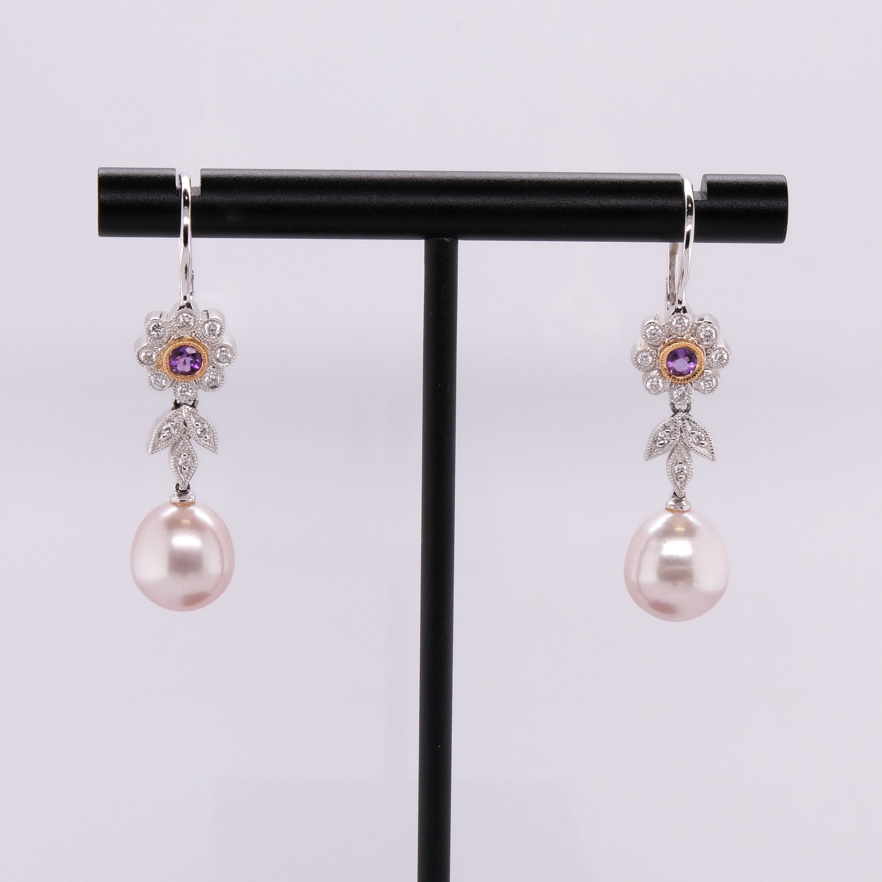 18k Diamond, Pearl & Amethyst Dangling Earrings