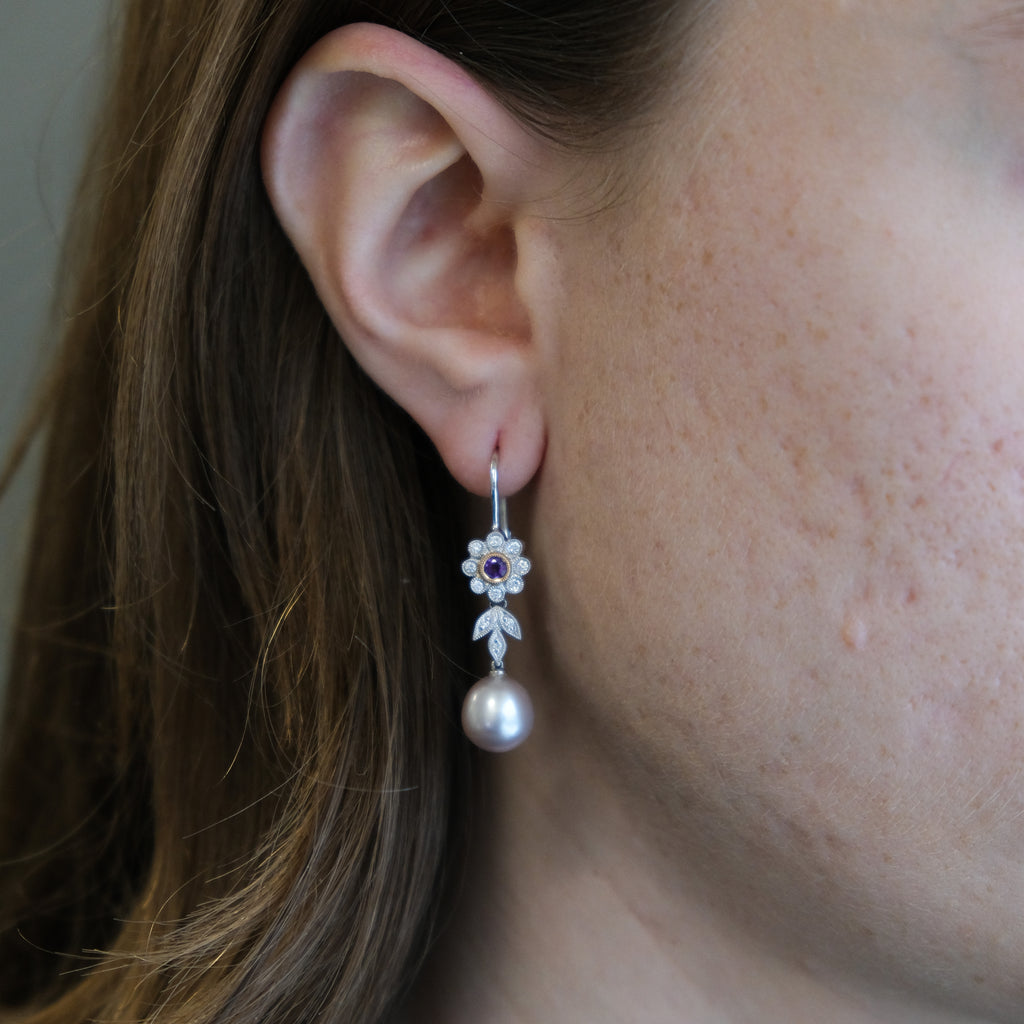 18k Diamond, Pearl & Amethyst Dangling Earrings