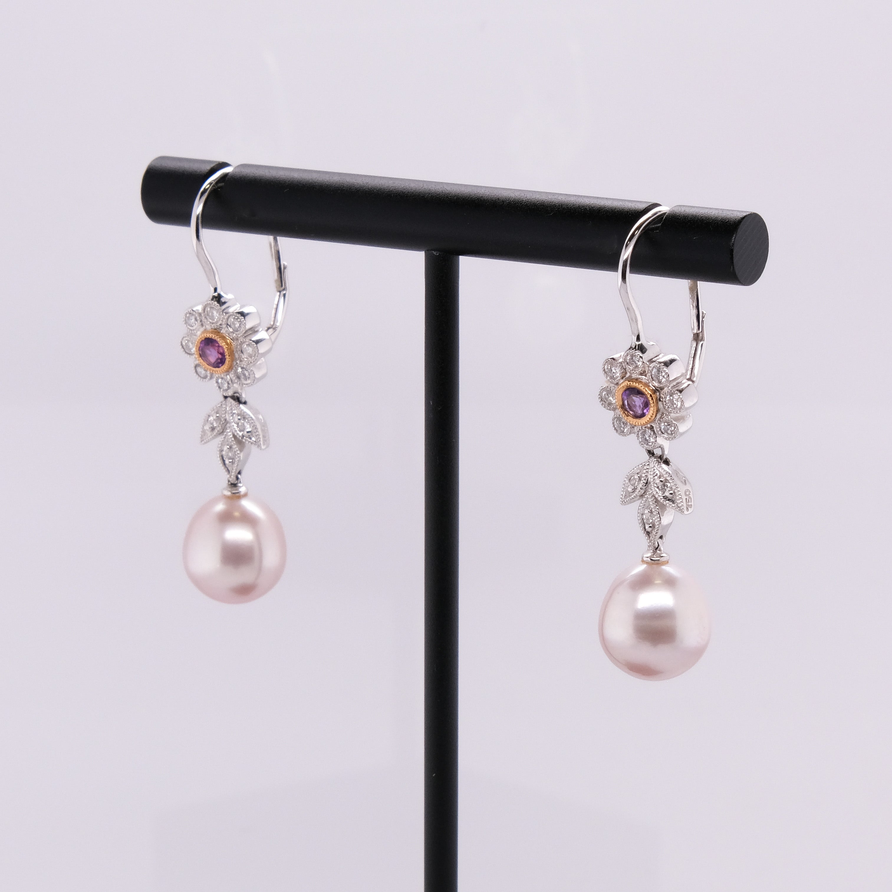 18k Diamond, Pearl & Amethyst Dangling Earrings