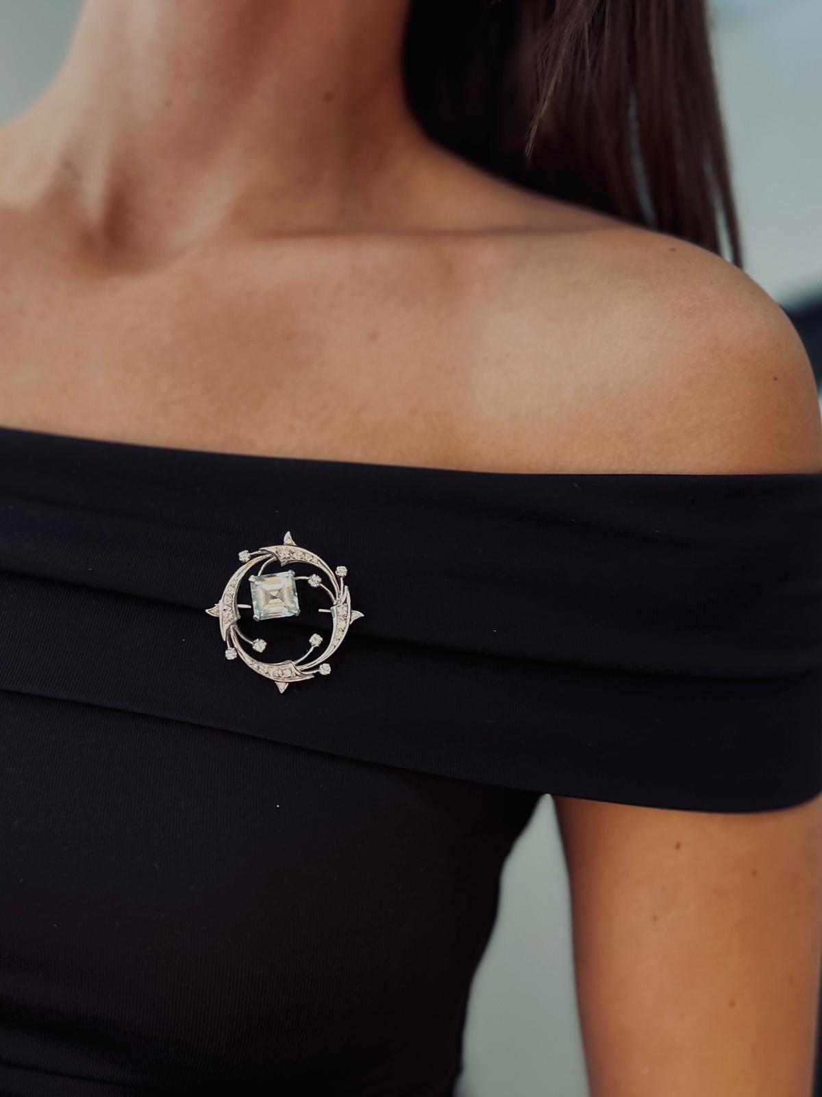 14k Aquamarine & Diamond Brooch