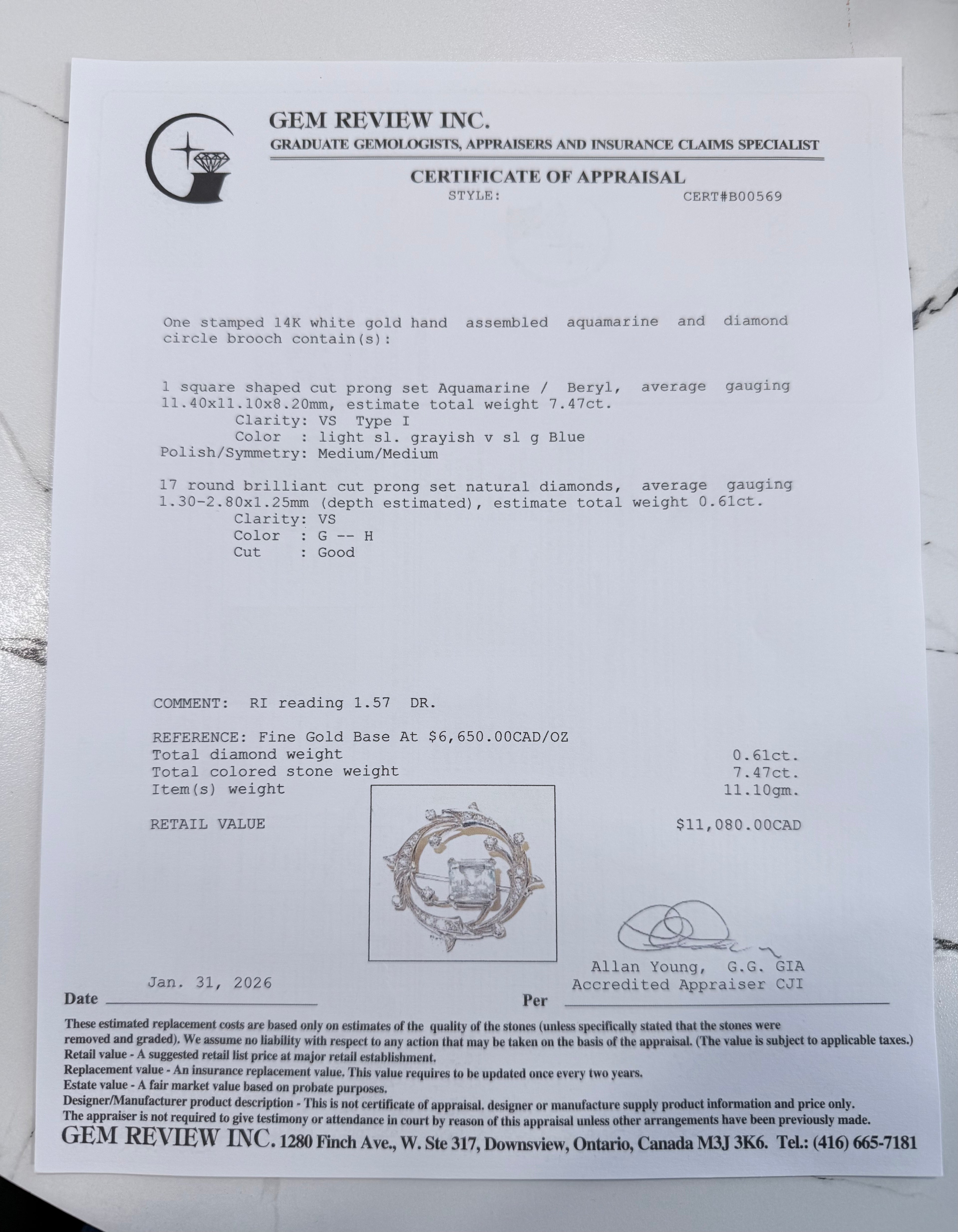 14k Aquamarine & Diamond Brooch