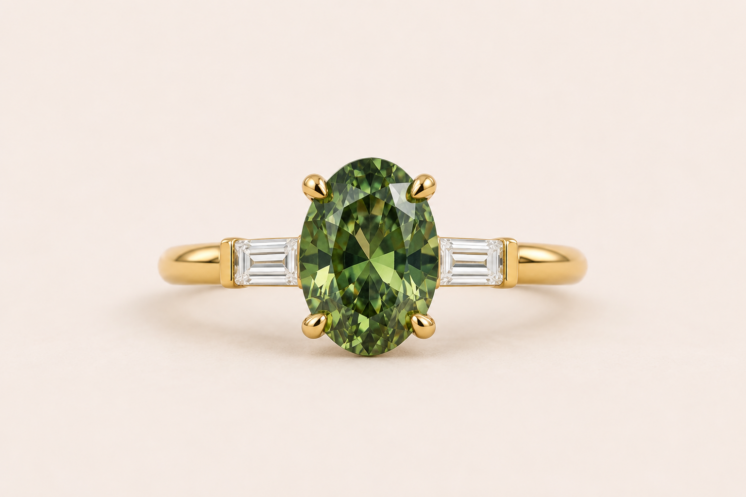 Green Sapphire with Side Baguettes