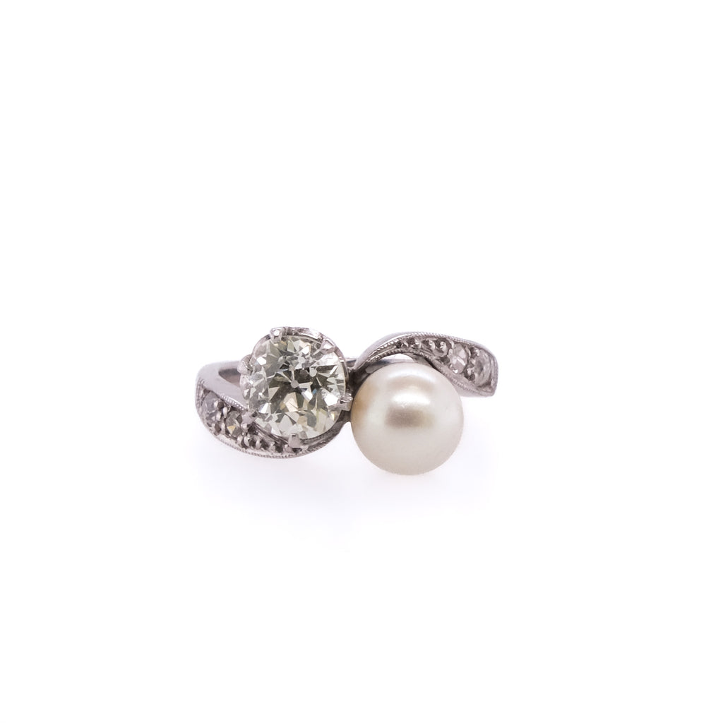 Platinum Old European Diamond & Pearl Ring