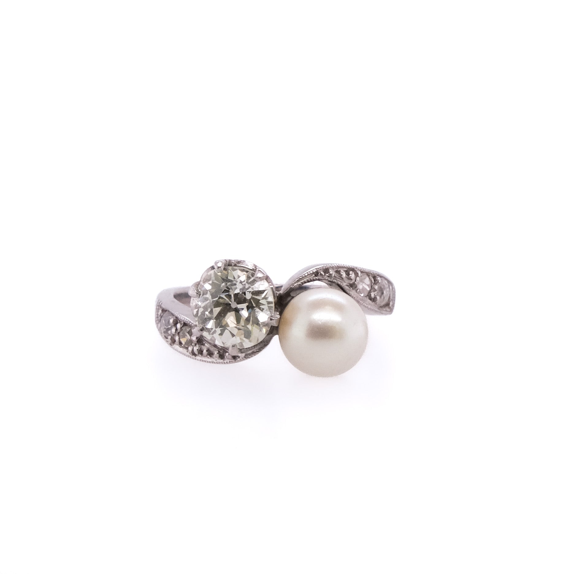 Platinum Old European Diamond & Pearl Ring