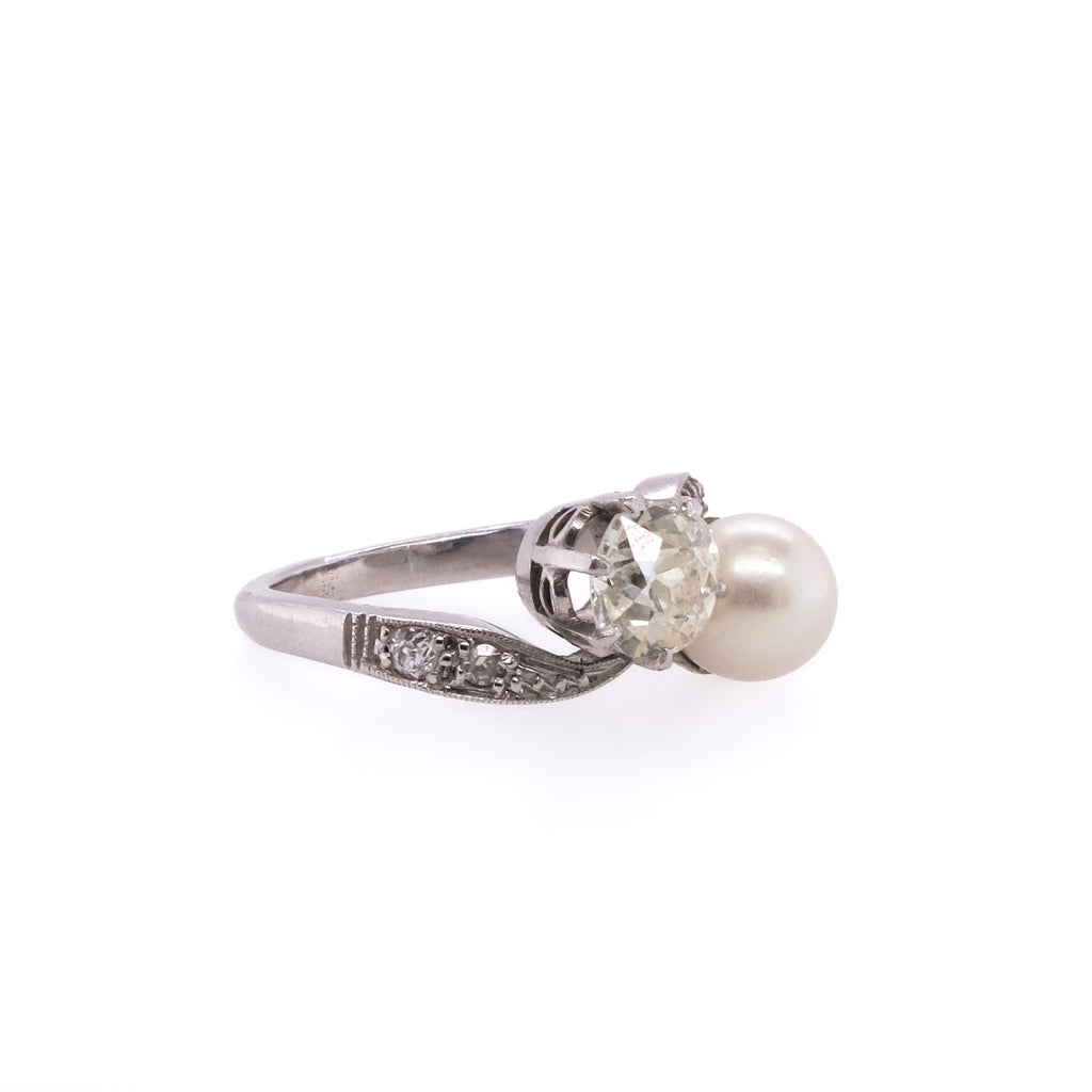 Platinum Old European Diamond & Pearl Ring