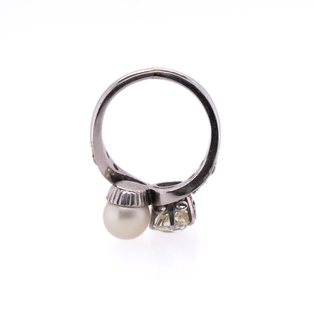 Platinum Old European Diamond & Pearl Ring
