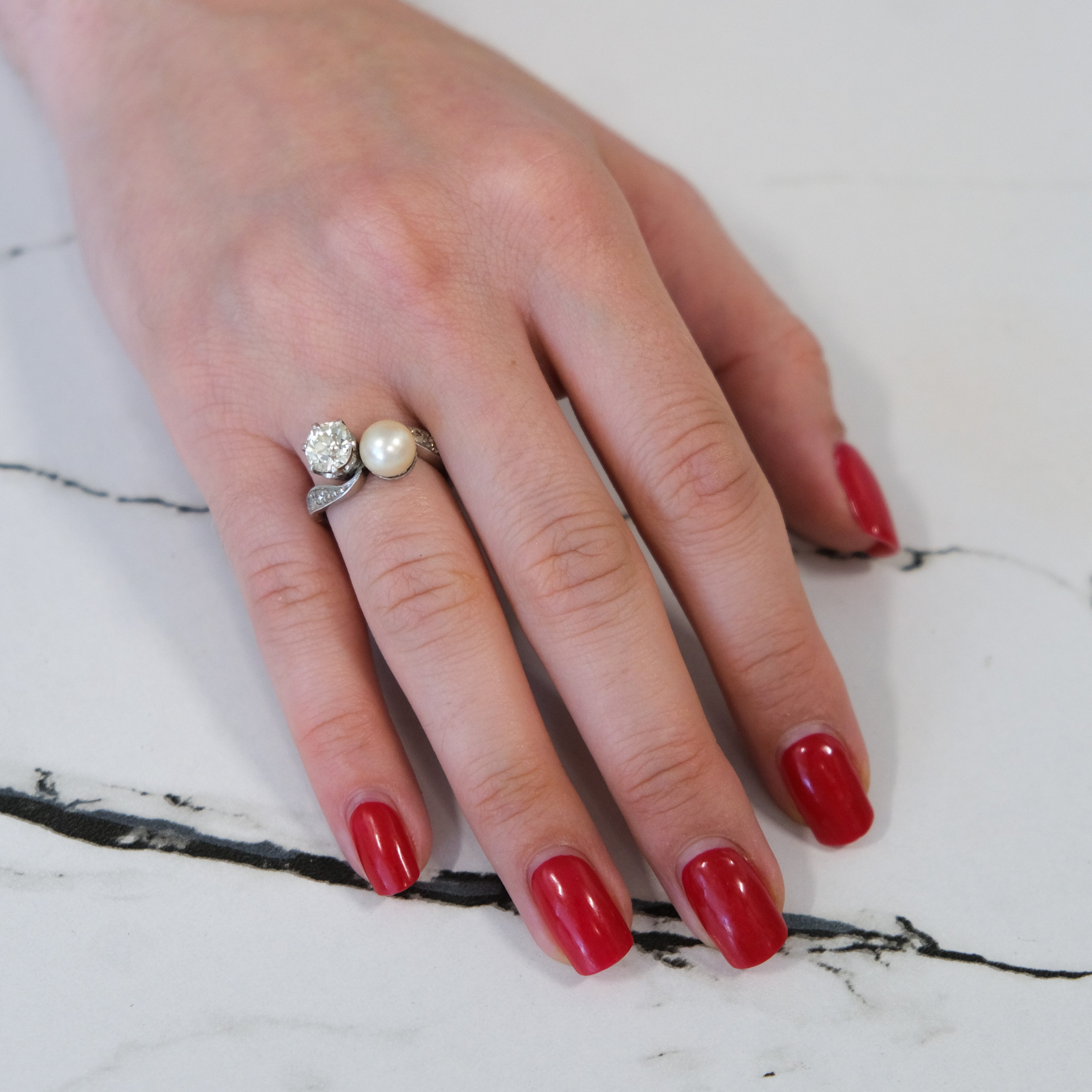 Platinum Old European Diamond & Pearl Ring
