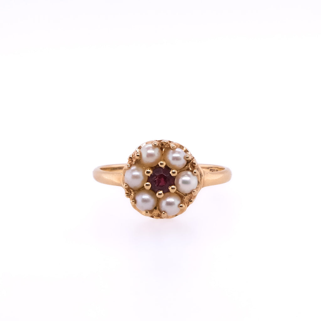 14k Pearl Seed Flower Ruby Ring