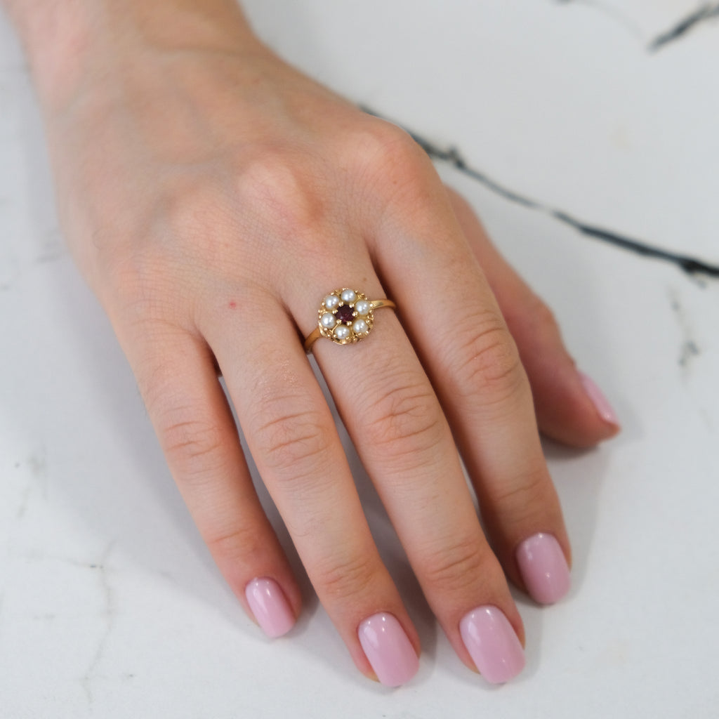 14k Pearl Seed Flower Ruby Ring