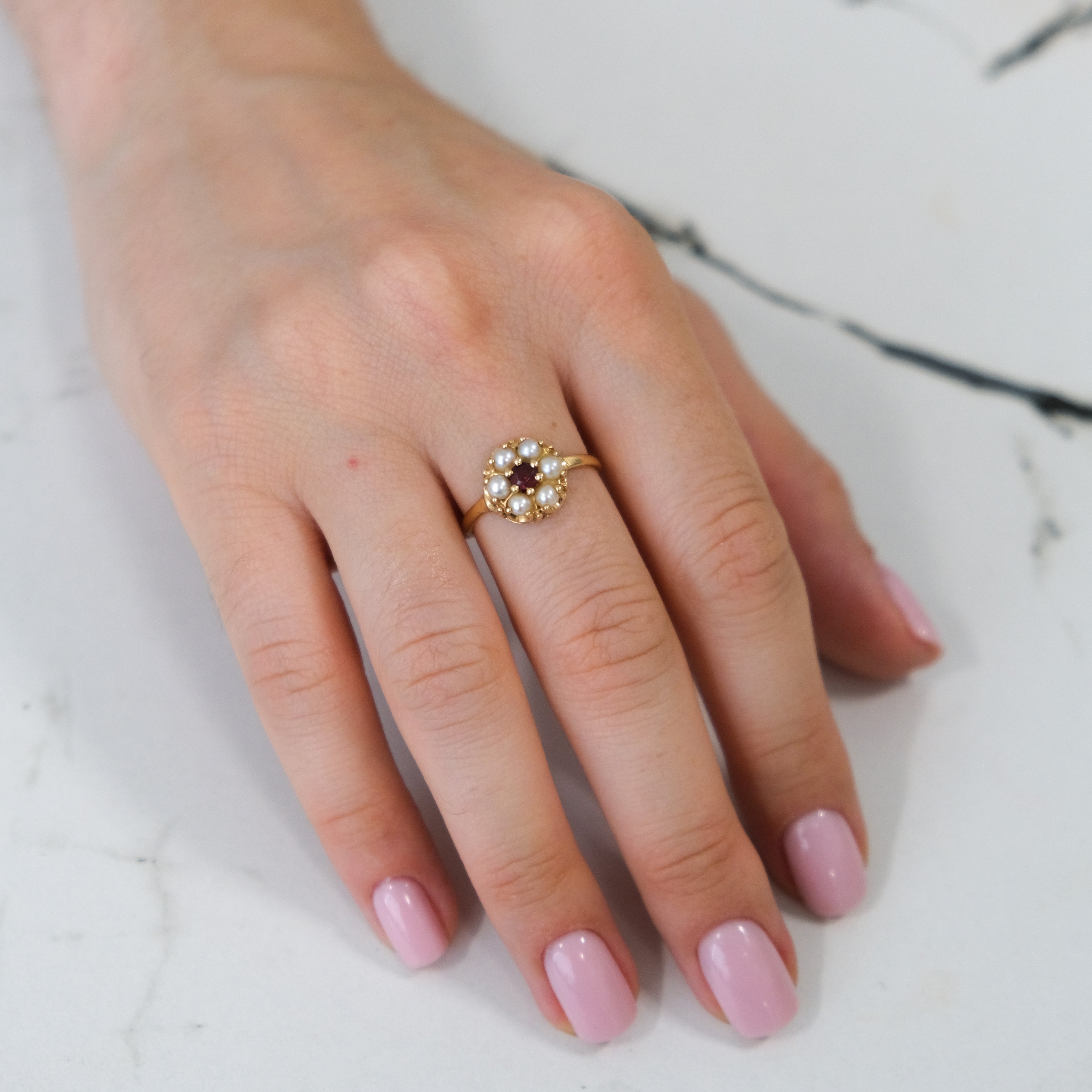 14k Pearl Seed Flower Ruby Ring