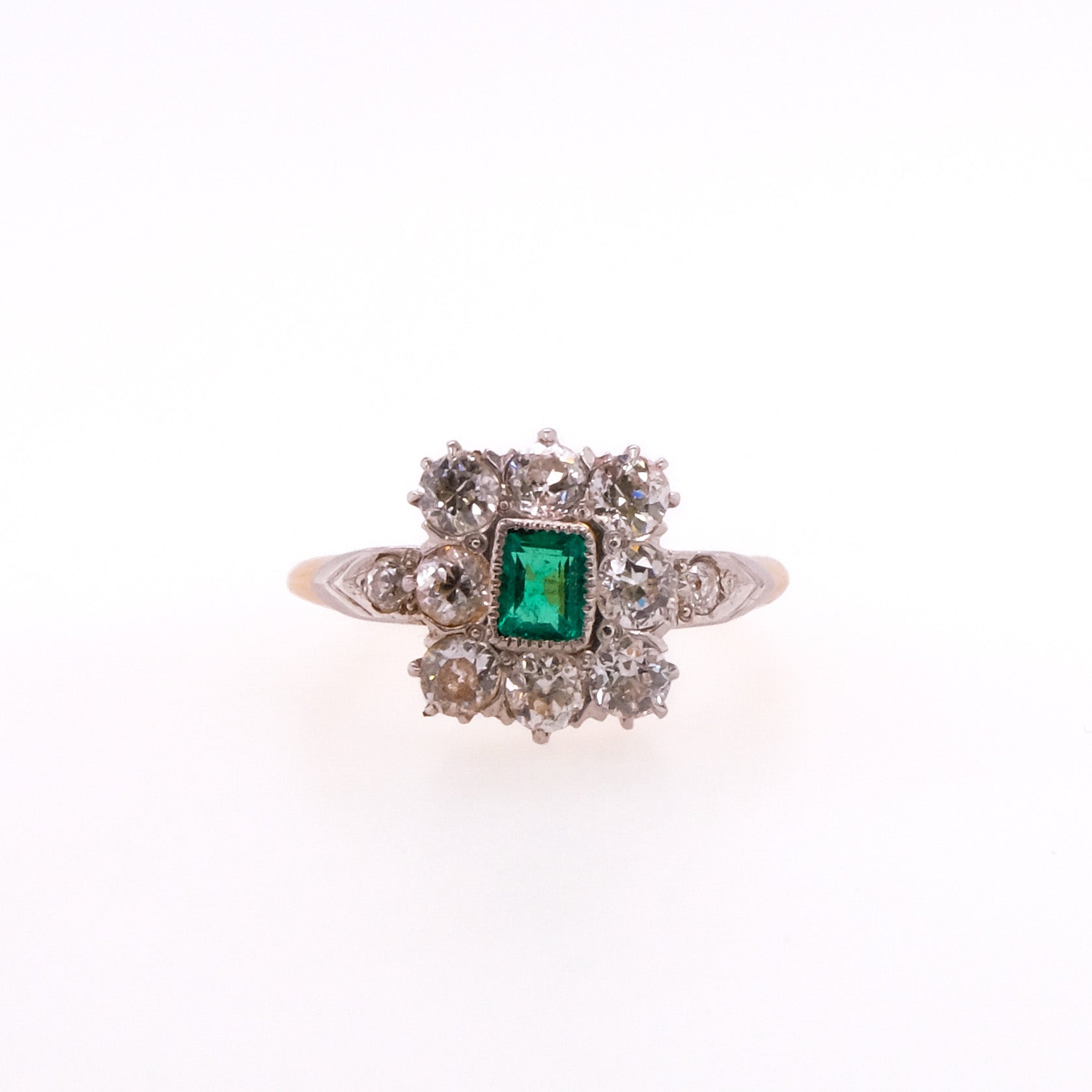 18k Emerald & European Cut Diamond Ring