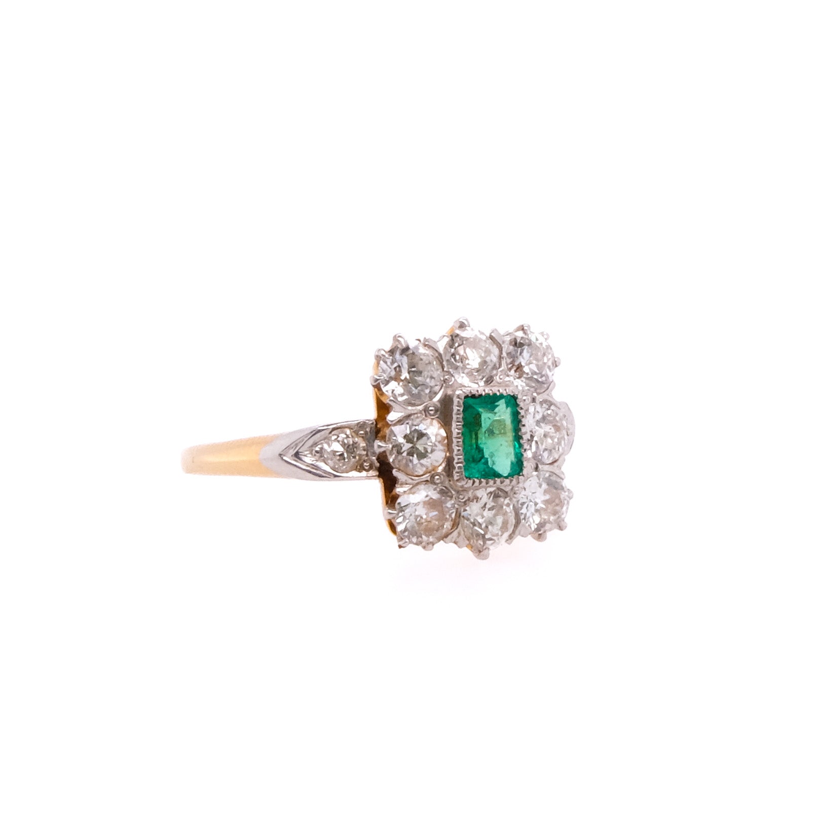 18k Emerald & European Cut Diamond Ring