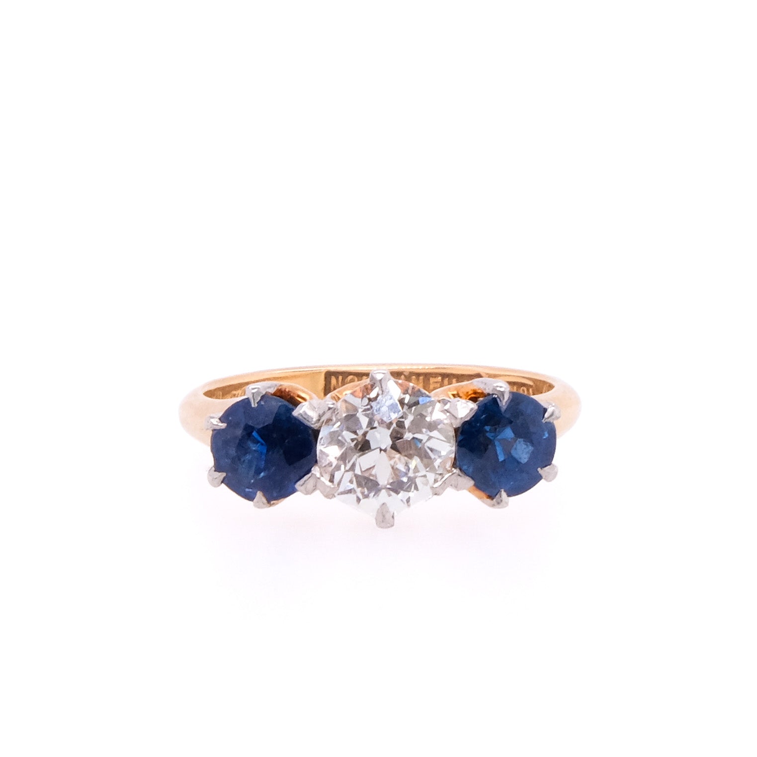 18k European Cut Diamond & Sapphire Ring