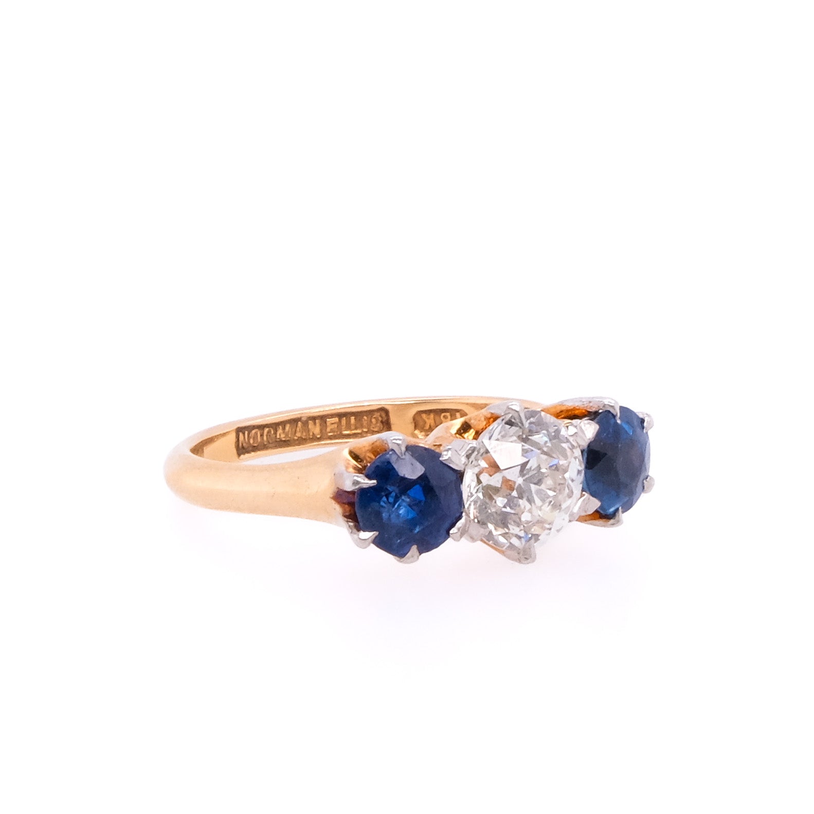 18k European Cut Diamond & Sapphire Ring