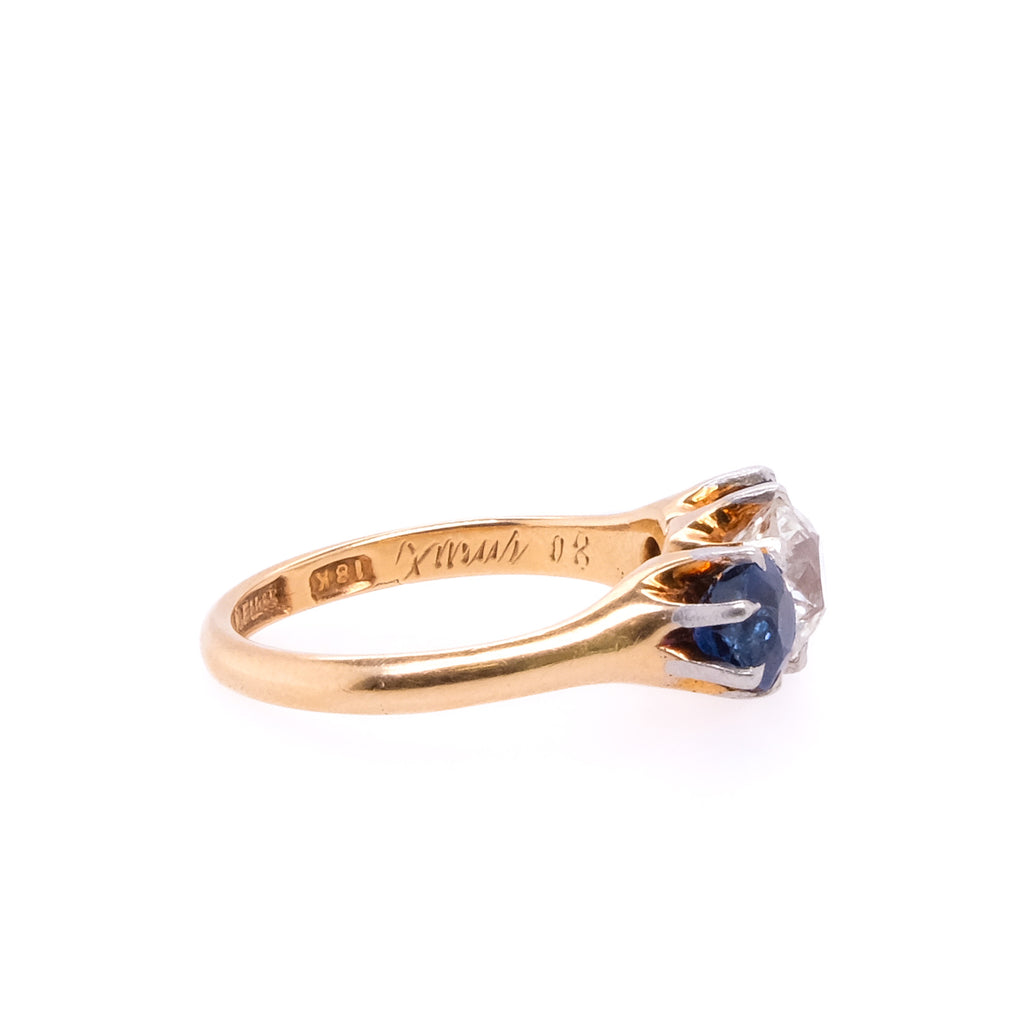 18k European Cut Diamond & Sapphire Ring
