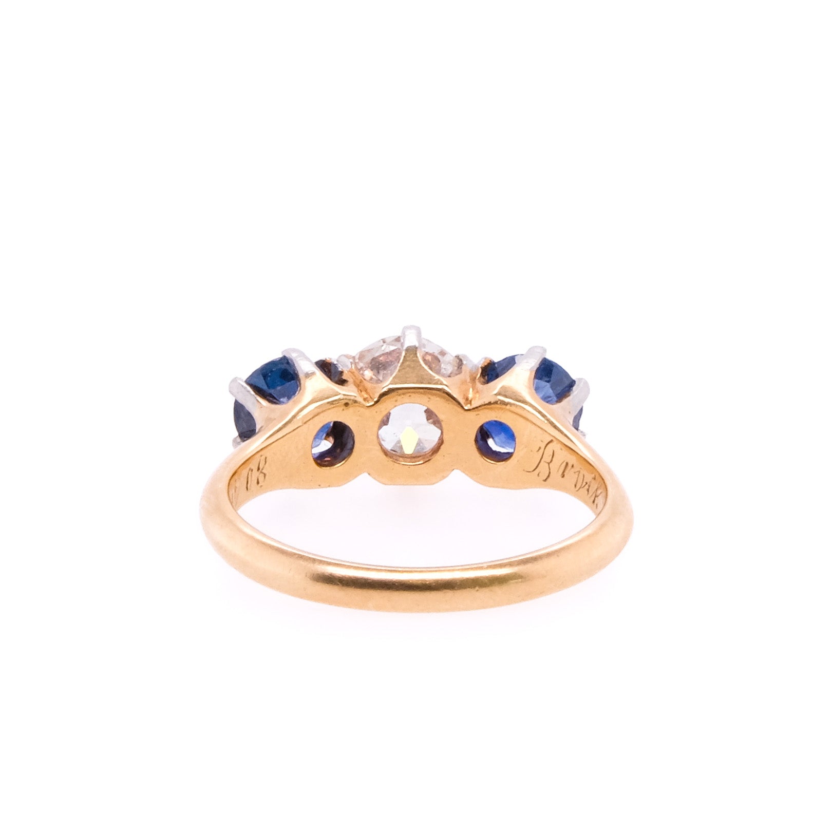 18k European Cut Diamond & Sapphire Ring