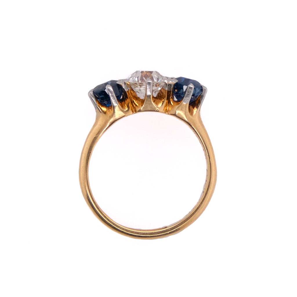 18k European Cut Diamond & Sapphire Ring