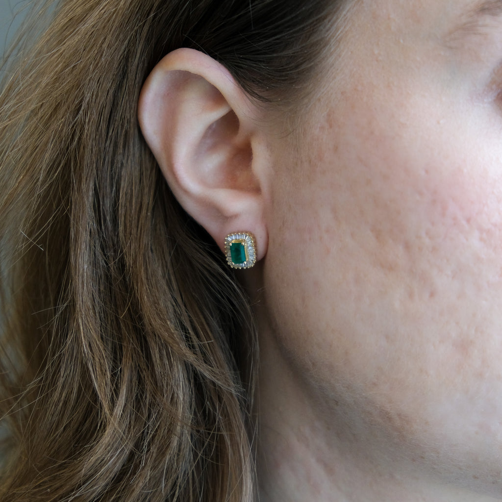 14k Emerald & Baguette Diamond Studs