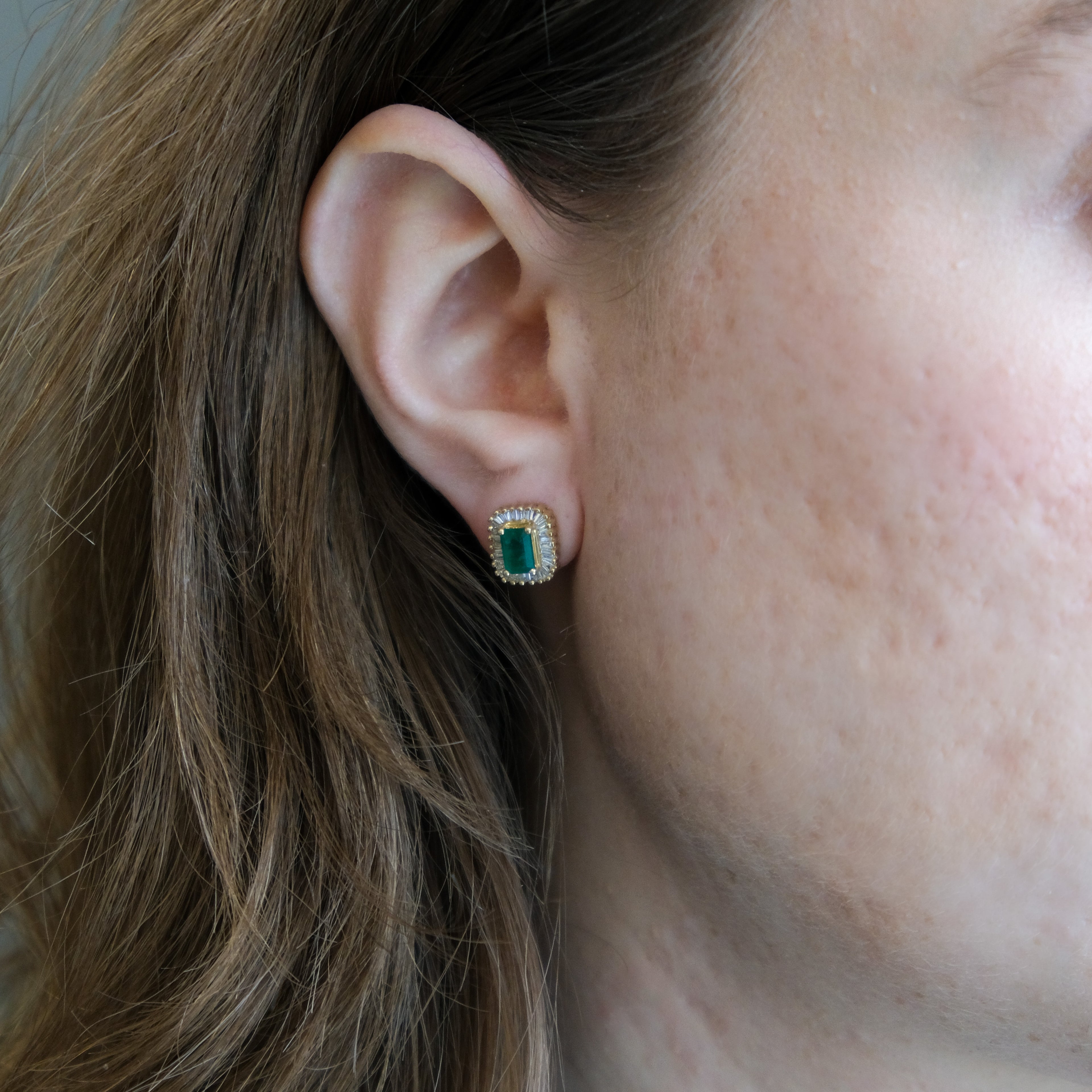 14k Emerald & Baguette Diamond Studs