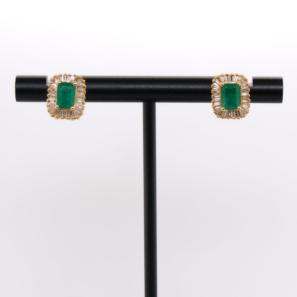 14k Emerald & Baguette Diamond Studs