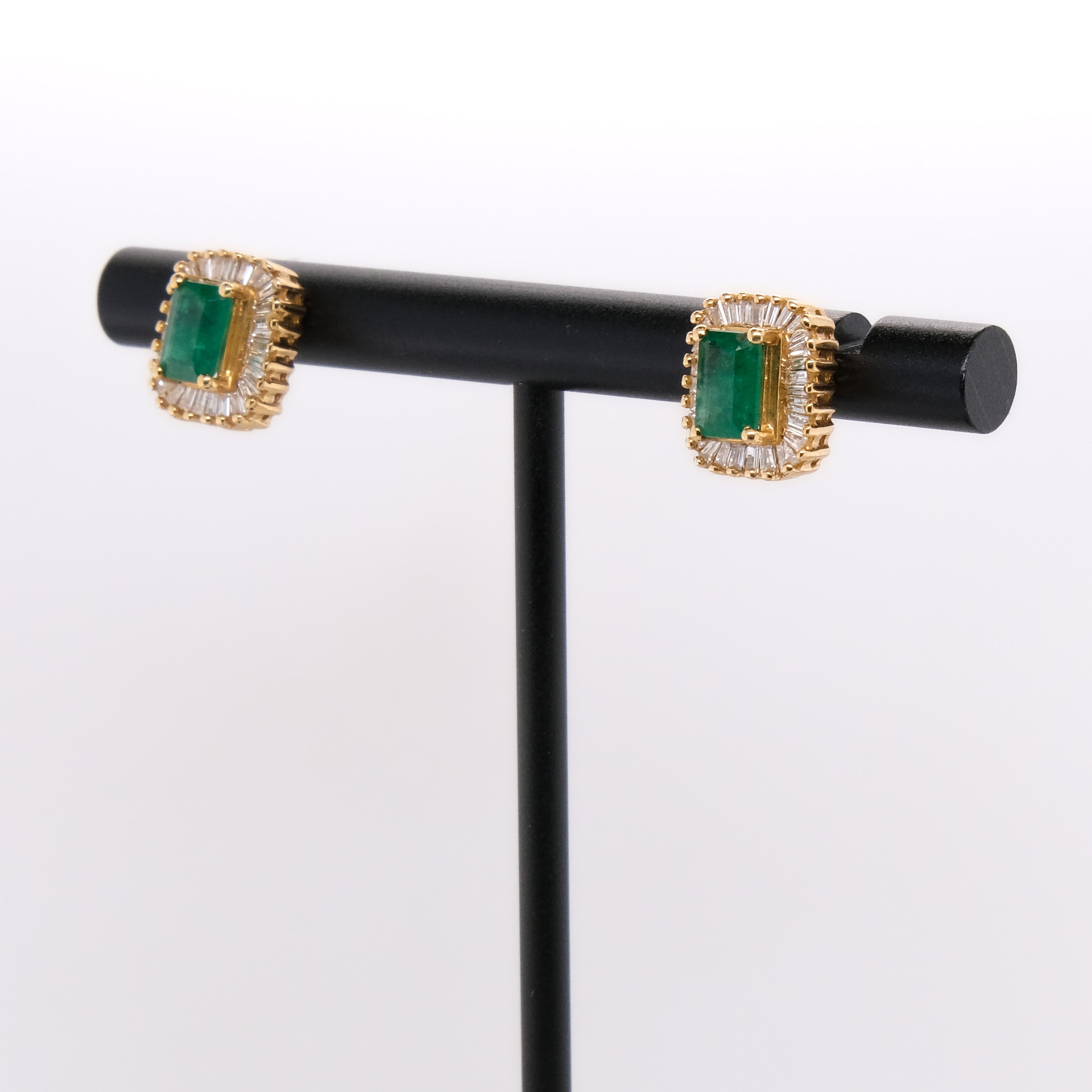 14k Emerald & Baguette Diamond Studs