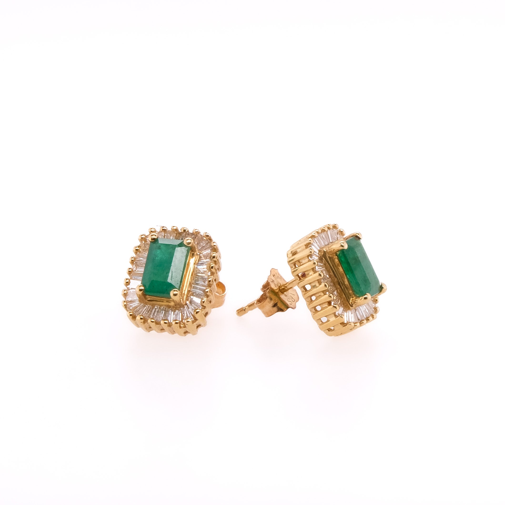 14k Emerald & Baguette Diamond Studs