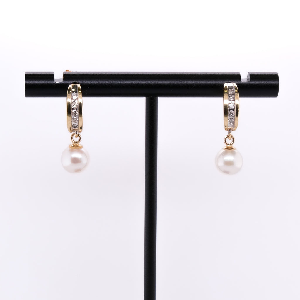 14k Pearl & Diamond Dangling Earrings
