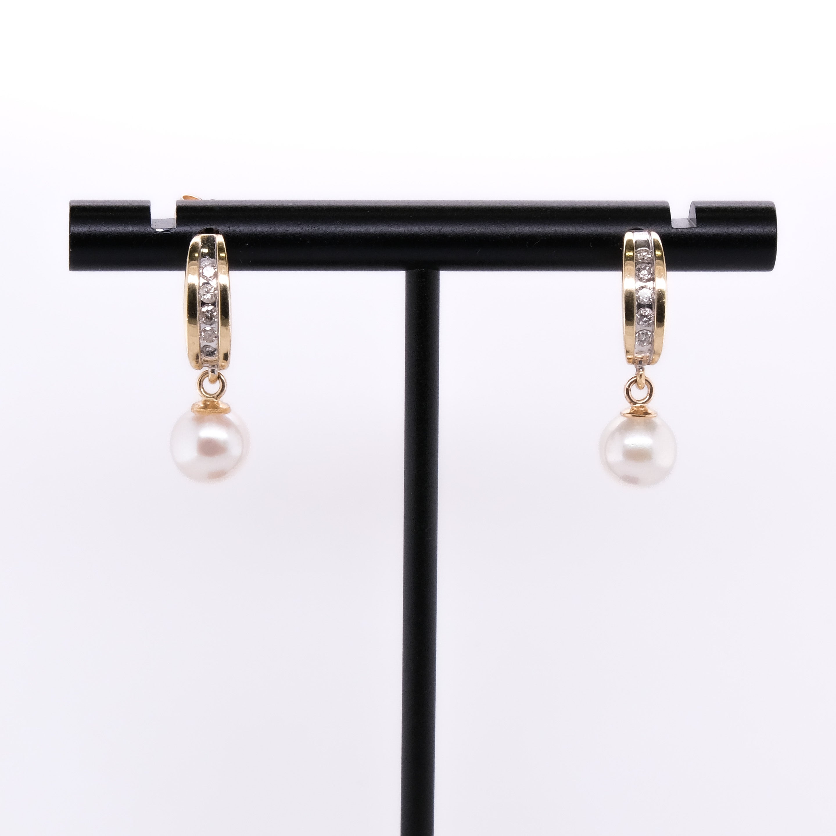 14k Pearl & Diamond Dangling Earrings