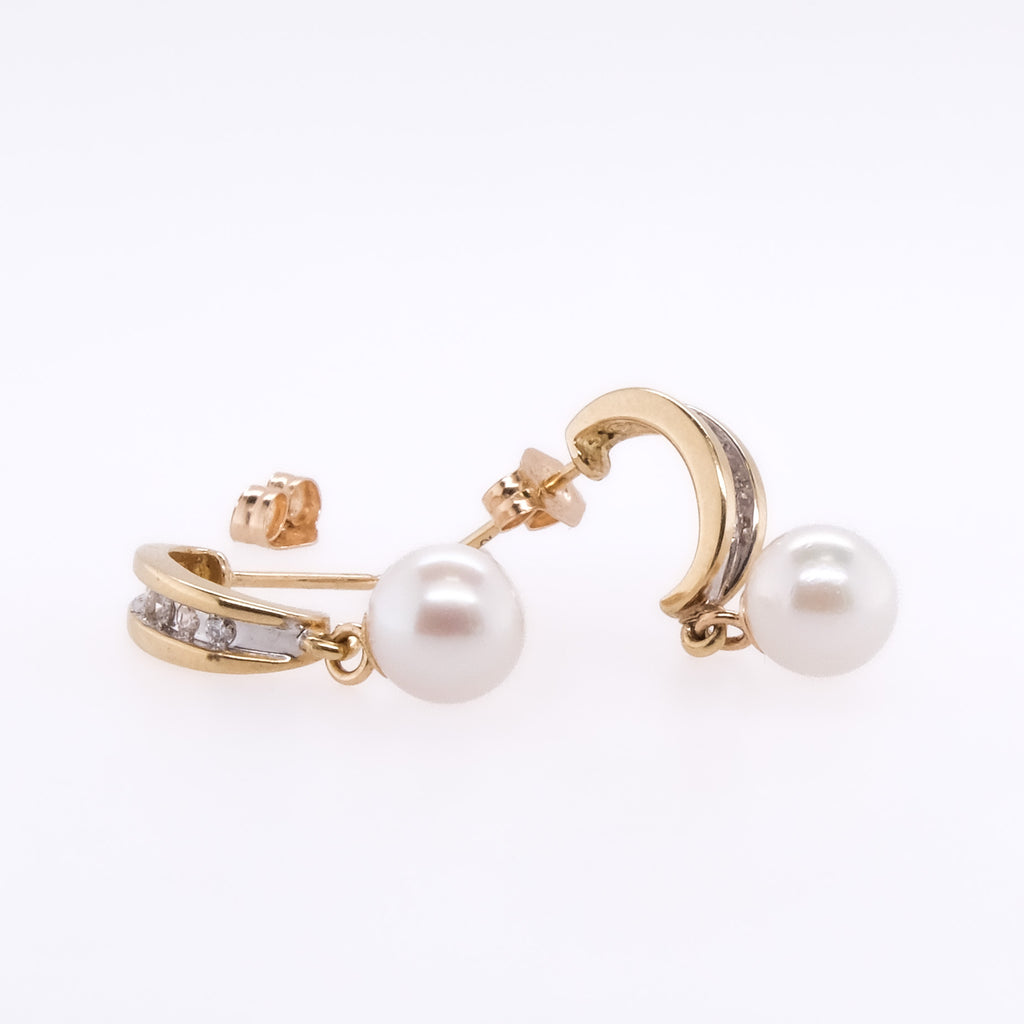 14k Pearl & Diamond Dangling Earrings