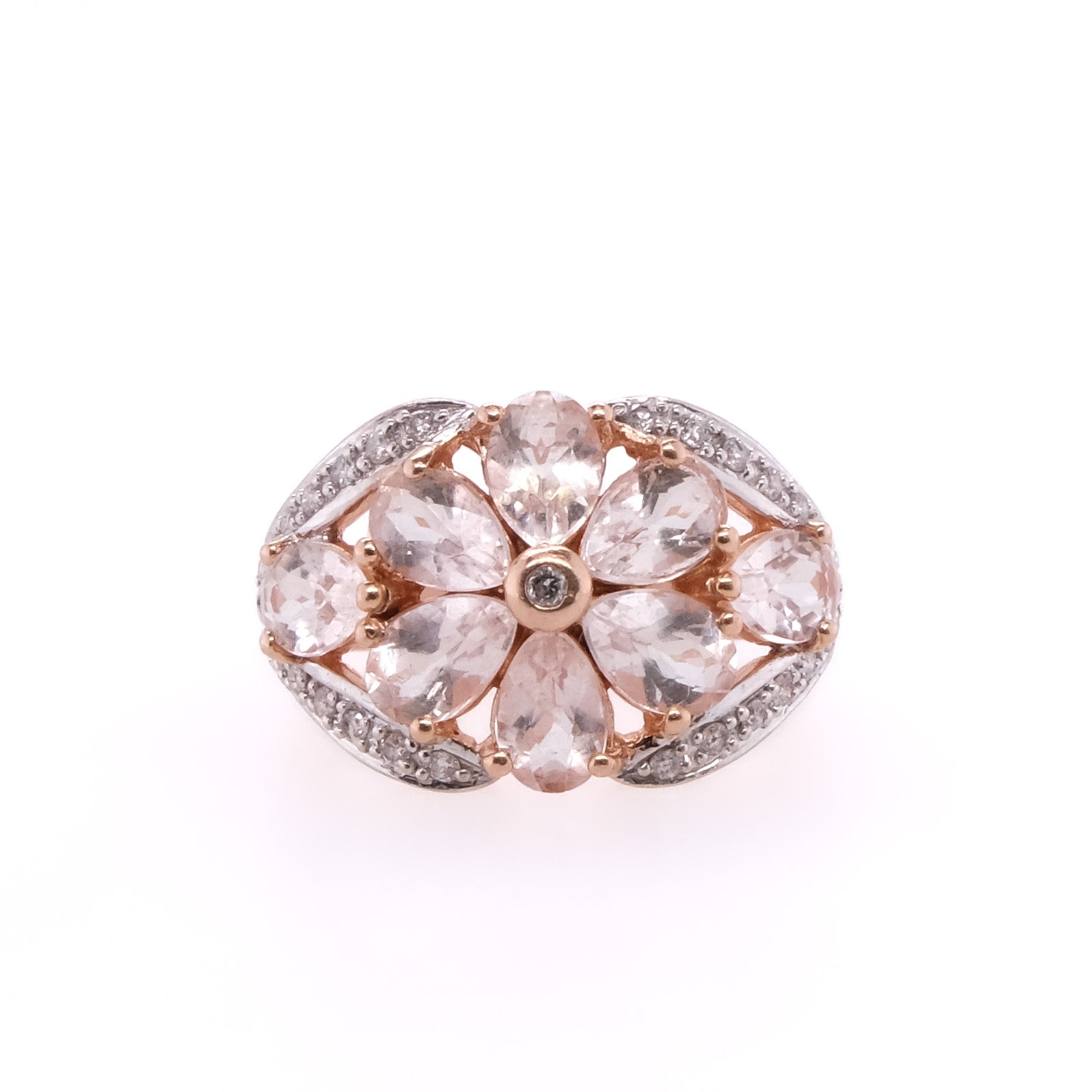 14k Diamond & Rose Quartz Flower Ring