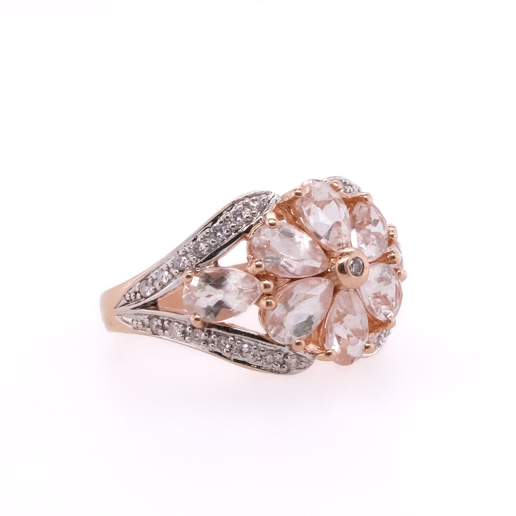 14k Diamond & Rose Quartz Flower Ring