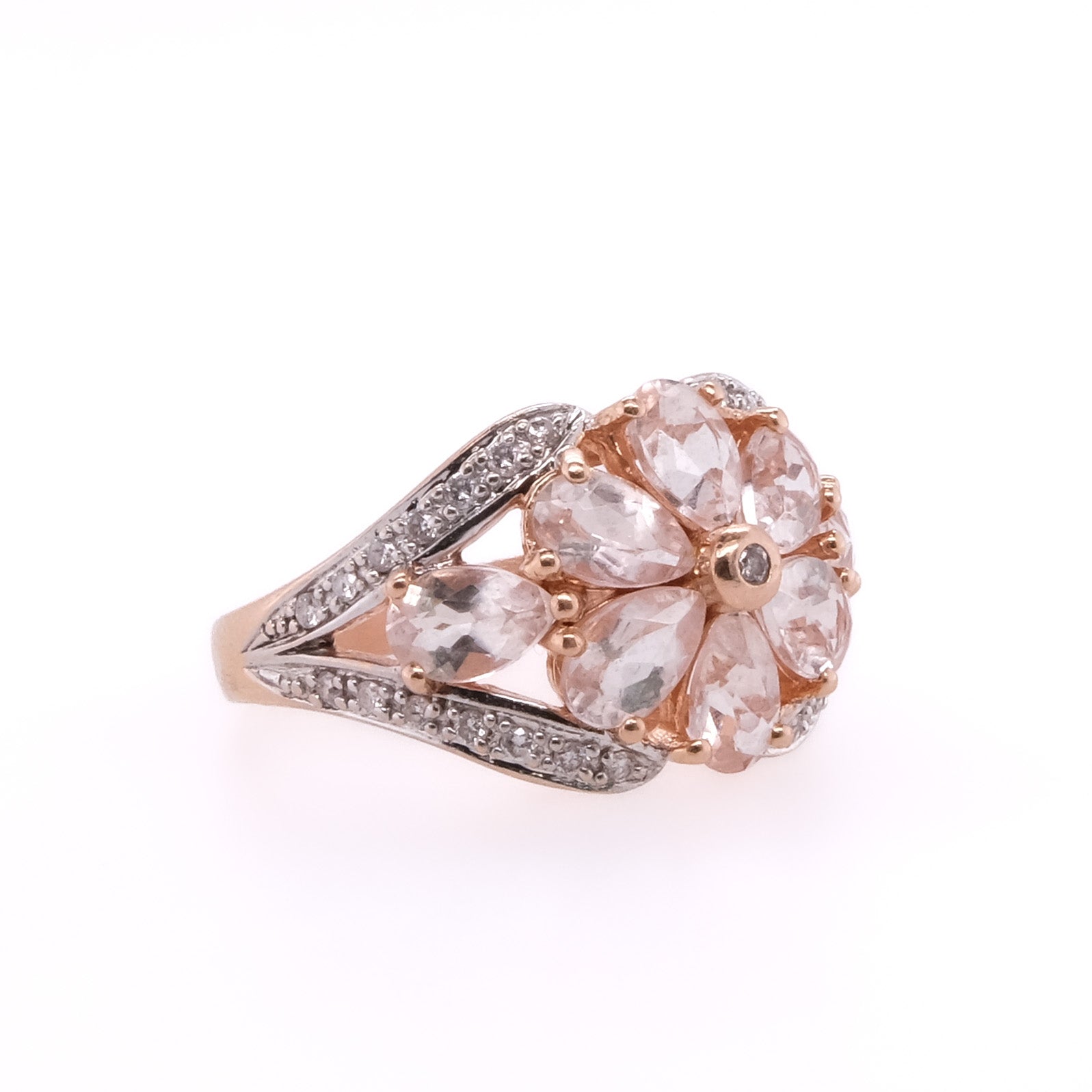 14k Diamond & Rose Quartz Flower Ring