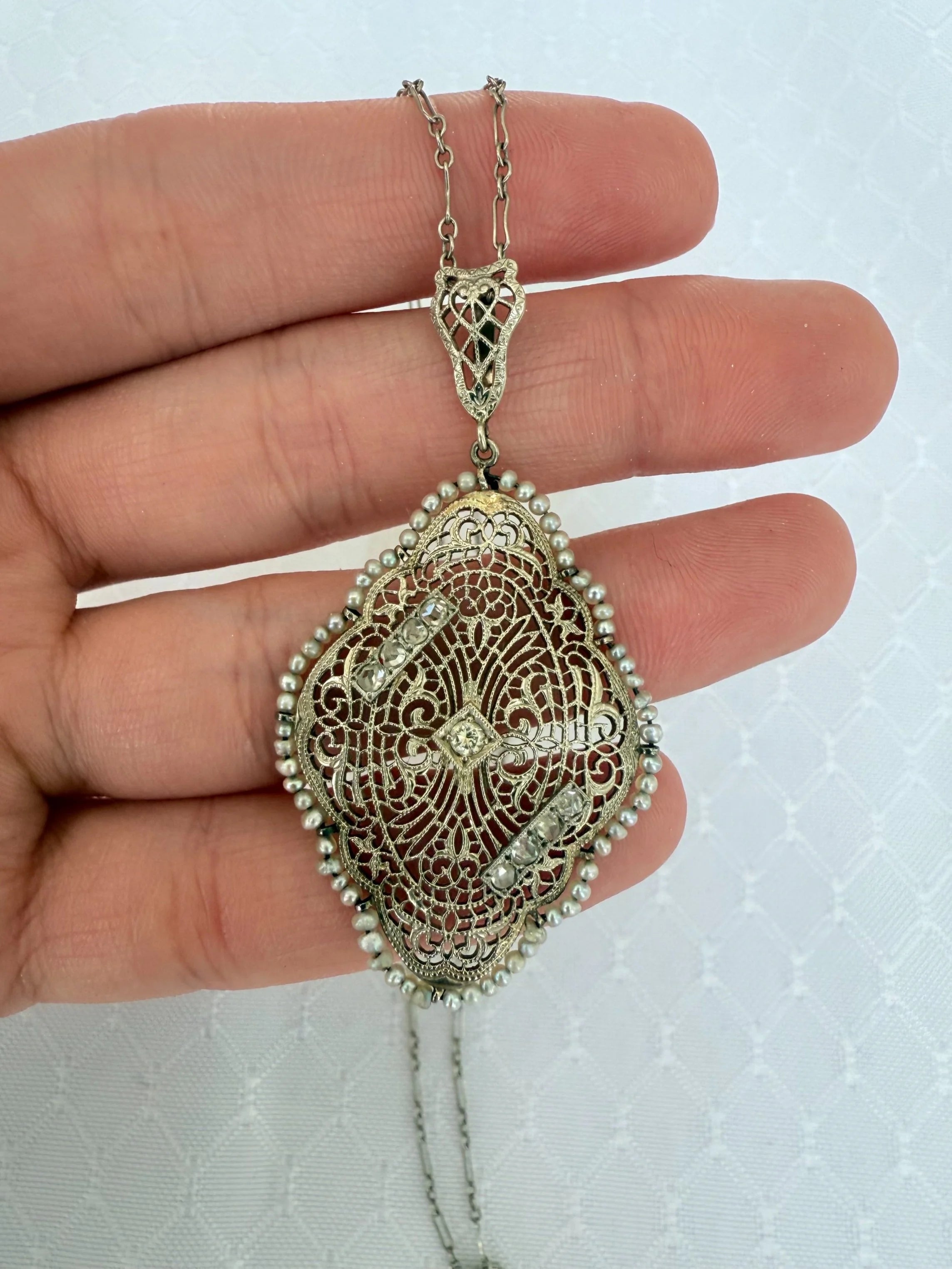 14k Diamond & Pearl Seed Necklace