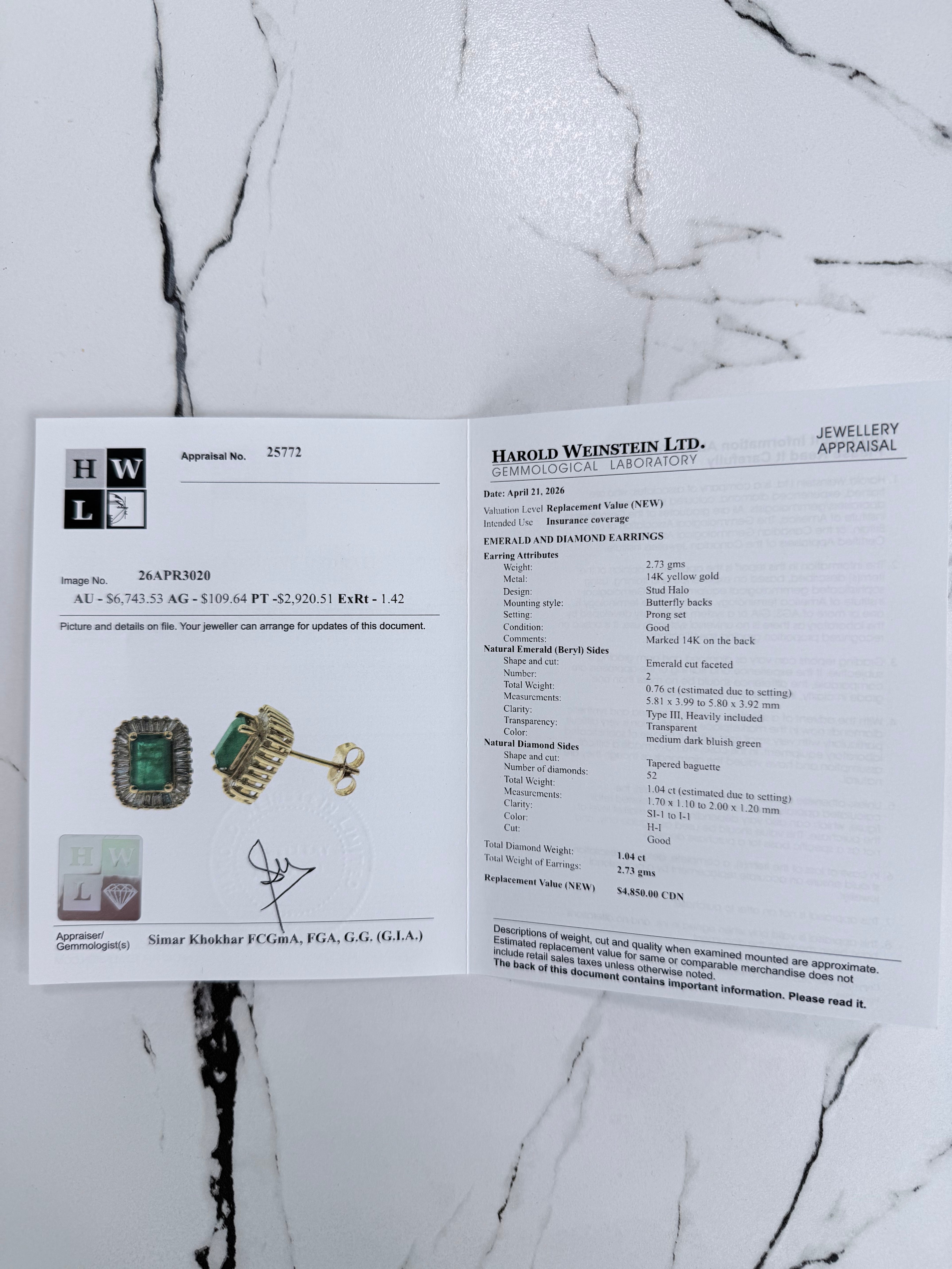 14k Emerald & Baguette Diamond Studs