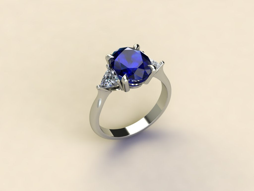 Sapphire with Triangular Diamond Side Stones