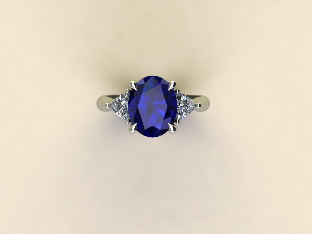 Sapphire with Triangular Diamond Side Stones